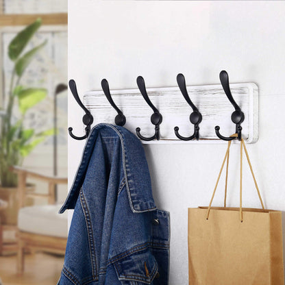 SKOLOO Coat Rack Wall Mounted - Wooden, Heavy Duty, Rustic Coat Hooks for Wall, Wall Coat Rack with 5 Triple Hooks for Hanging Clothes, Jacket