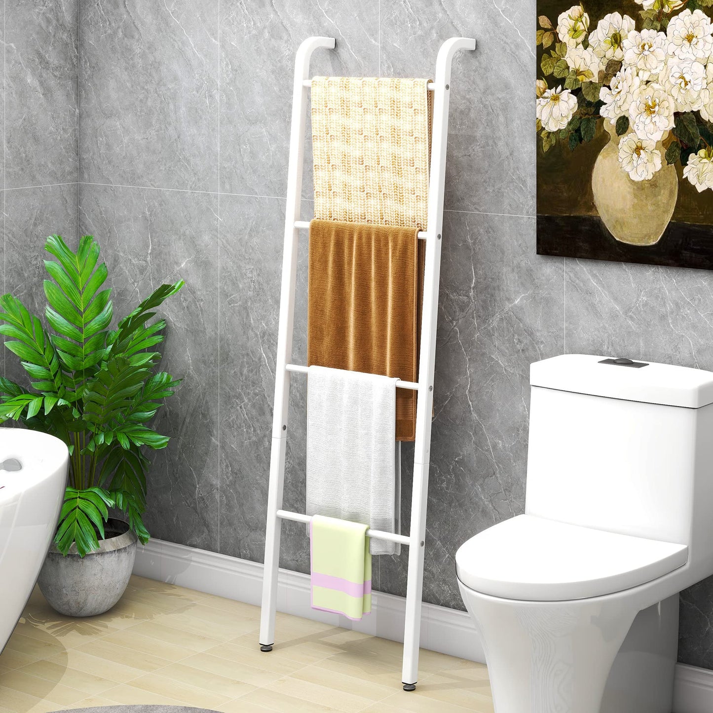 Towel Rail Freestanding, 4-Level Towel Holder Rack, Wall-Leaning Decorative Ladder, for Throws/Blankets/Bath&Hand Towels/Washcloths, for Bathroom,