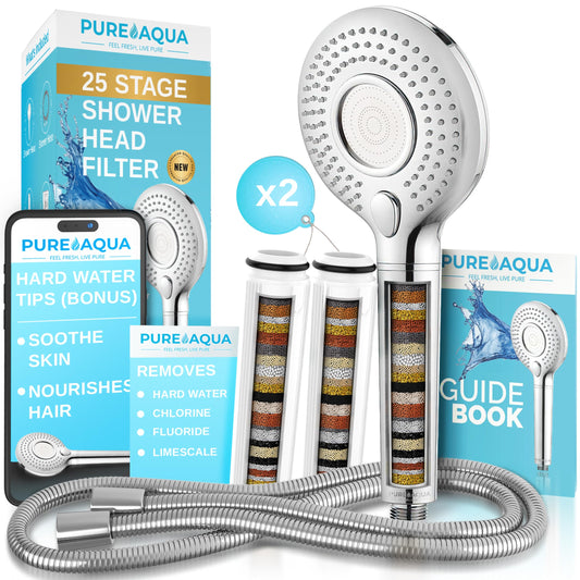 PUREAQUA 25 Stage Shower Head Filter | X2 Filters | High Pressure Shower Heads | Shower Filter Hard Water UK Brand | 3 Spray Settings | Showerhead