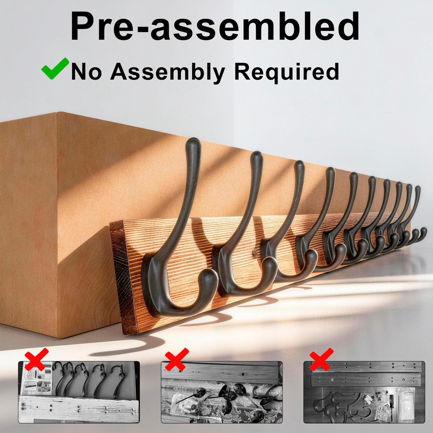 HONSKY Wall Coat Rack with 10 Double Hooks,71.5cm Wooden Coat and Towel Hanger Storage for Entryway, Bathroom, Bedroom