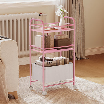 YITAHOME pink metal trolley on wheels, 3 Tier kitchen trolley, storage trolly with Woven Basket, Lockable Wheels, Handle, book cart for office
