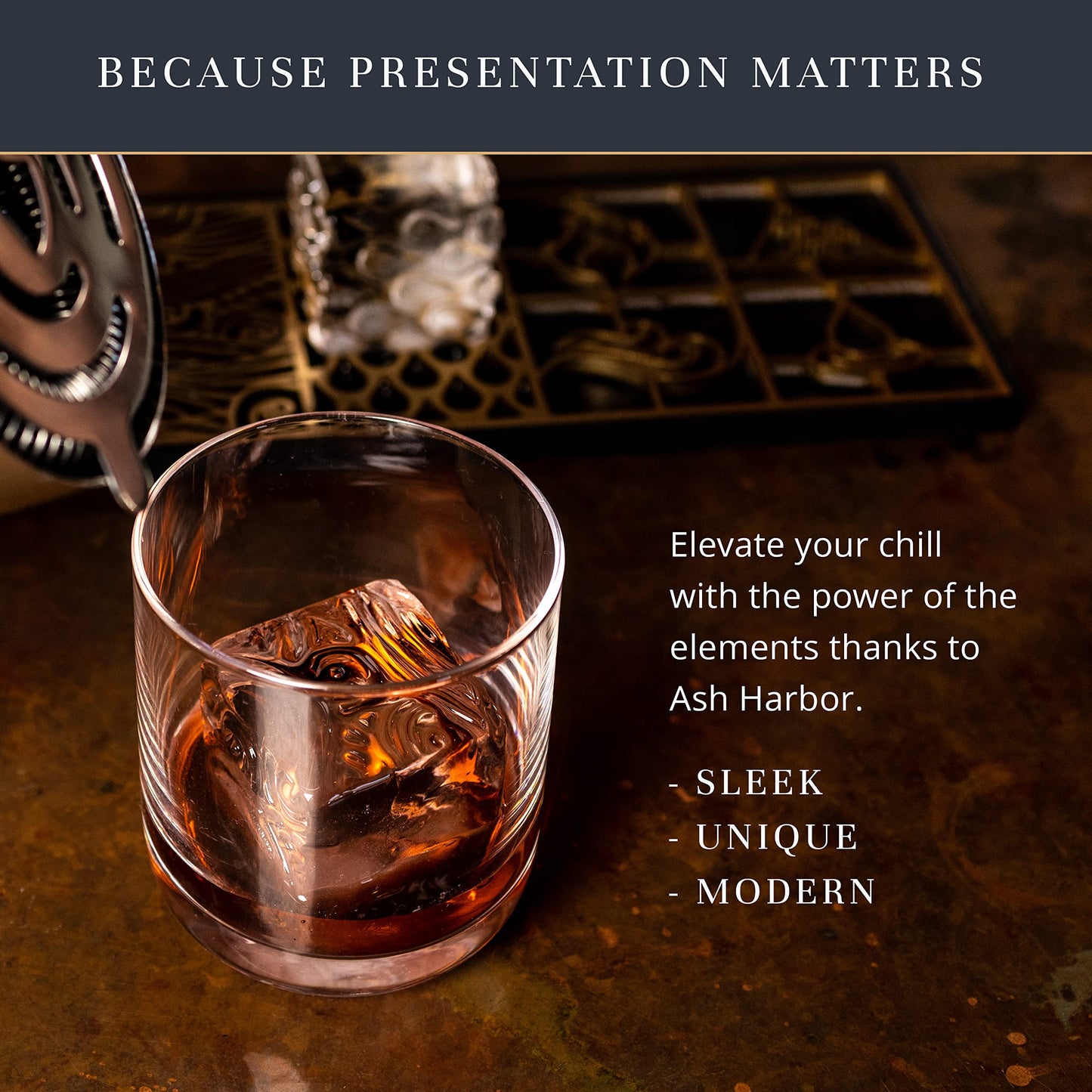 Ice Designer Tray  Craft Modern Ice Molds for Whiskey, Bourbon, & Cocktails in 5 Seconds  Whiskey Ice Mold Ice Cube Stamp  Bartender Accessories