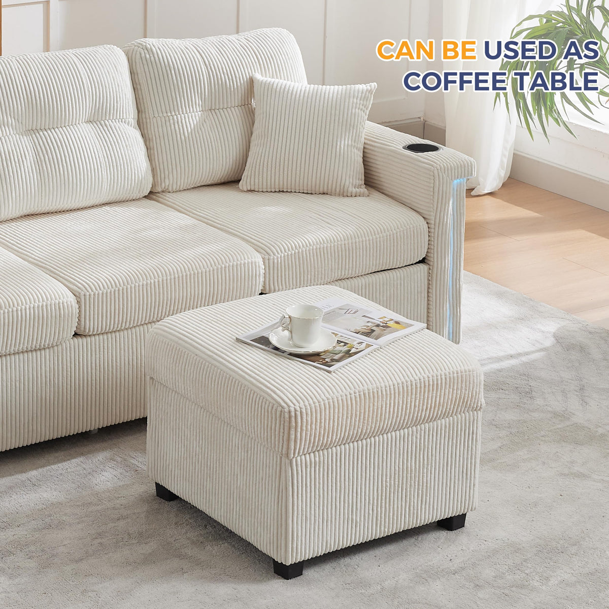 MAXYOYO Ottoman with Storage, 57CM Corduroy Footstool Multipurpose Foot Rest Sofa Stool