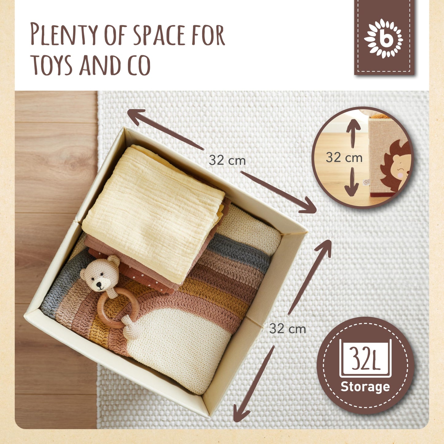 BIECO Piksi Hedgehog Toy Box - Toy Storage Box - Kallax Shelf Boxes Storage - Shelf Nursery - Boxes 33x33