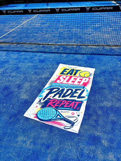 Power Towel Sports Towel 100 x 50 cm Eat Sleep Padel Repeat Colourful Padel Edition Fitness Towel with Motivational Saying