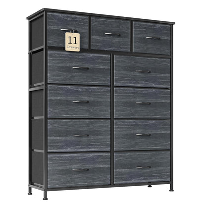 Flrrtenv Chest of Drawer with 11 Drawers, Modern Bedroom Cabinte, Fabric Drawers with Wooden Top, Sturdy Metal Frame, Tall Black Hallway Storage Unit