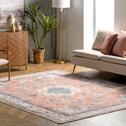 nuLOOM Eleanor Machine Washable Distressed Medallion Ultra Thin Area Rug, 5x8, Multi