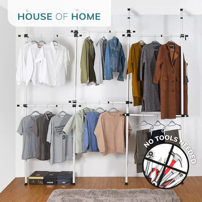 House of Home Heavy Duty Triple Telescopic Clothes Rail - Rail Wardrobe Replacement Adjustable Shelving Rack Clothes Storage & Organiser for Shirts,