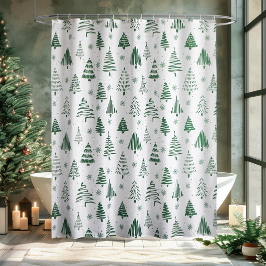 WELTRXE Christmas Shower Curtain, Mould Proof Mildew Resistant Shower Curtain, Green Christmas Tree Pattern, 183X183cm Polyester Bathtub Curtain with
