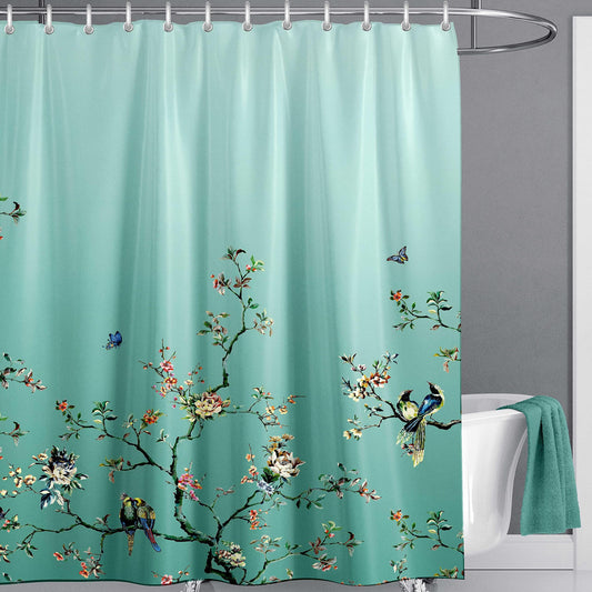 LIVETTY Ombre Green Bird Extra Long Shower Curtain 200cm ? 200cm Drop Floral Butterfly Fabric Bathroom Mould Proof Spring Washable Shower Curtain With