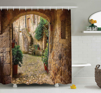 Abaysto Shower Curtain Landscape from Another Door Antique Stone Village Tuscany Italian Valley Scenery Decor Waterproof Fabric Bathroom Bathtub