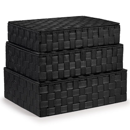 EHC Storage Boxes With Lid Set of 3, Storage baskets for shelves Woven, Storage Organiser Hamper Baskets, Black