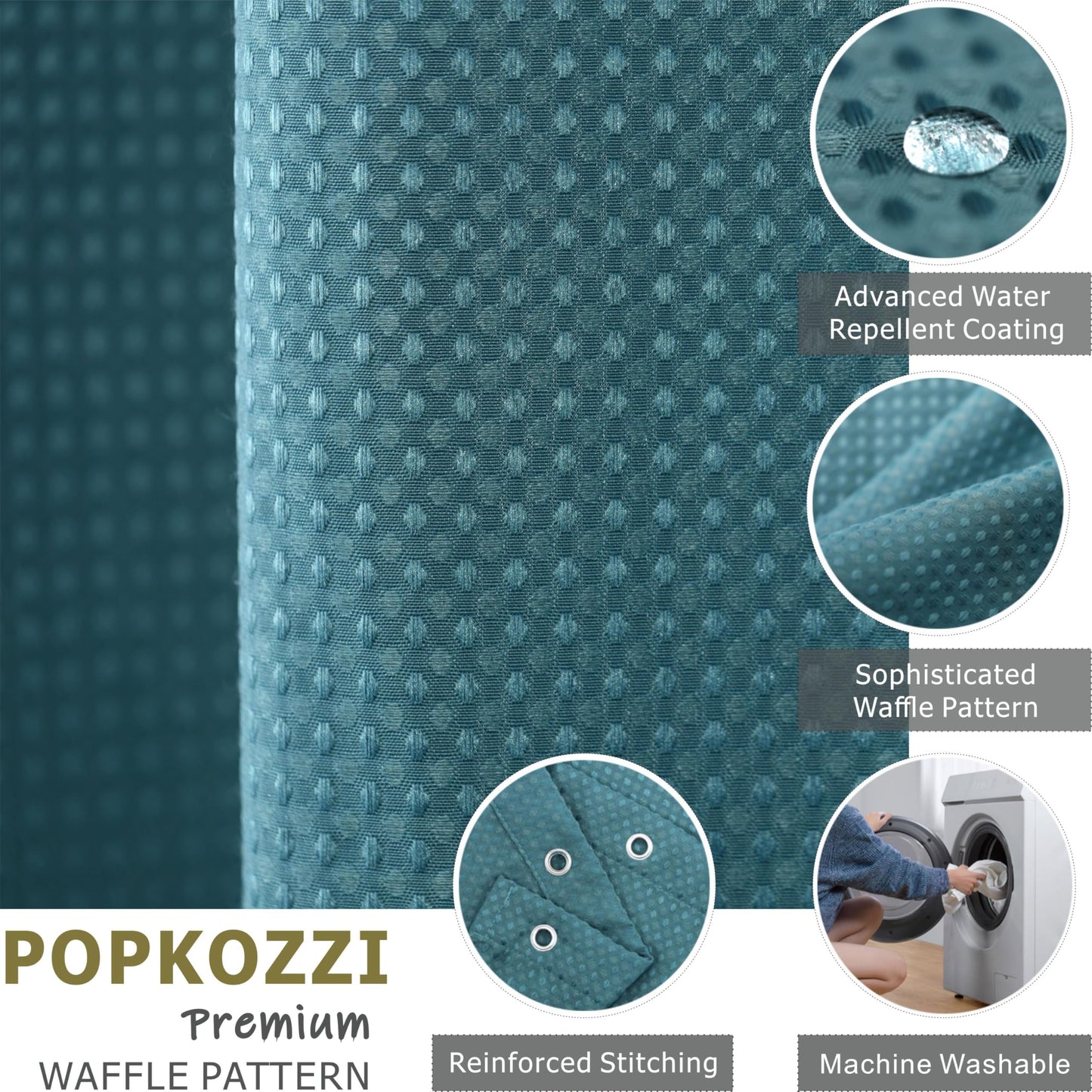 Teal Green Waffle Shower Curtain: Heavy Duty Textured Fabric Shower Curtain for Bathroom
