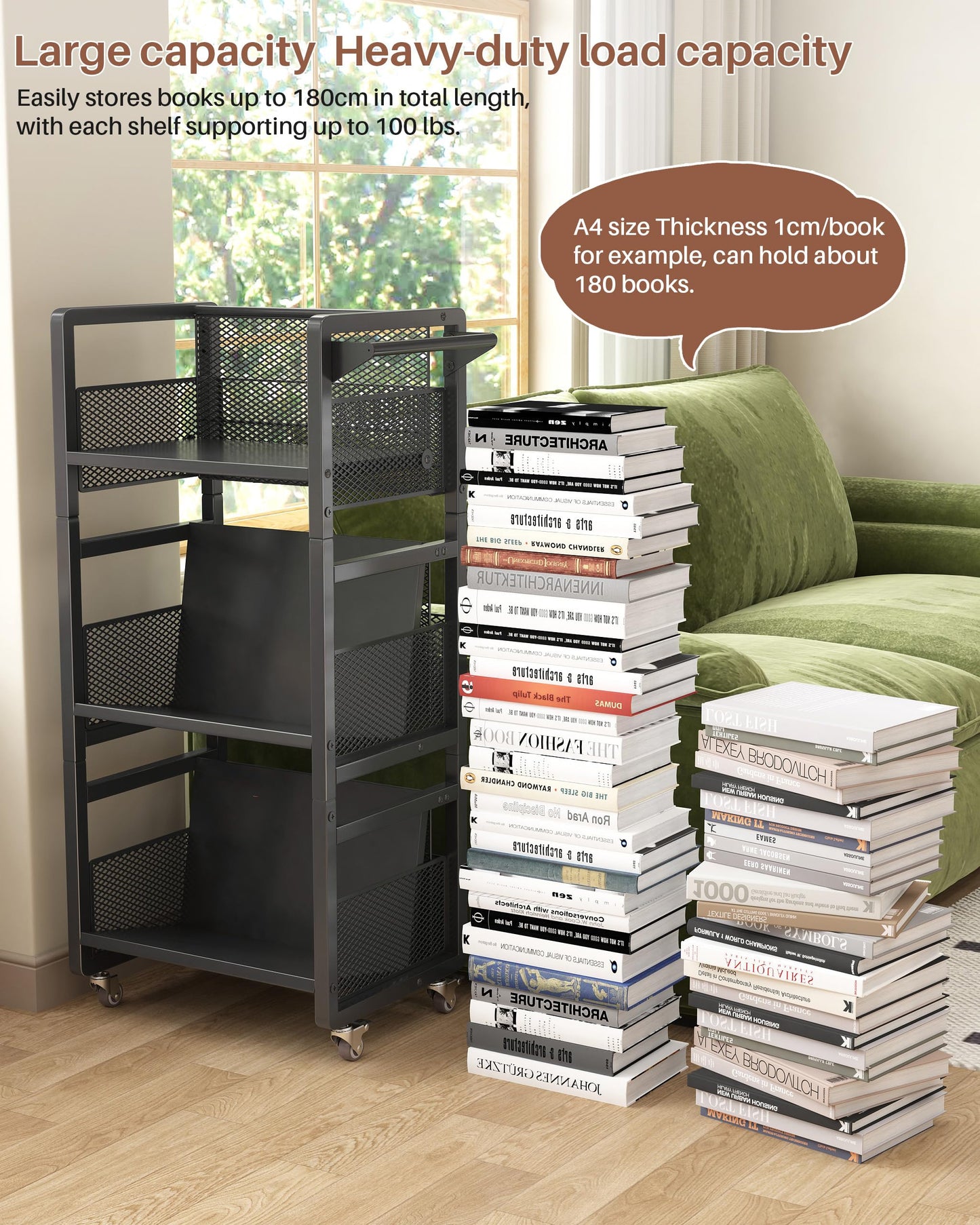 Noskox Mobile Bookshelf with Wheels, Metal 3-Tier Book Trolley