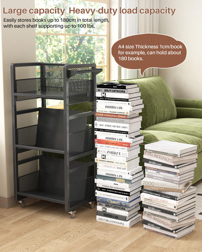 Noskox Mobile Bookshelf with Wheels, Metal 3-Tier Book Trolley