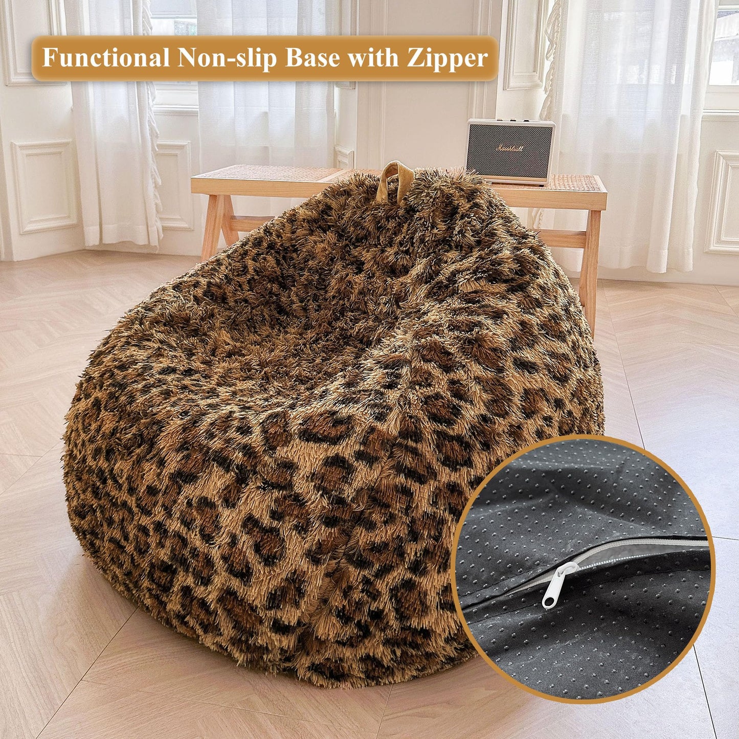 XeGe Faux Fur Leopard Print Bean Bag Chair Cover(No Filler), Cheetah Brown
