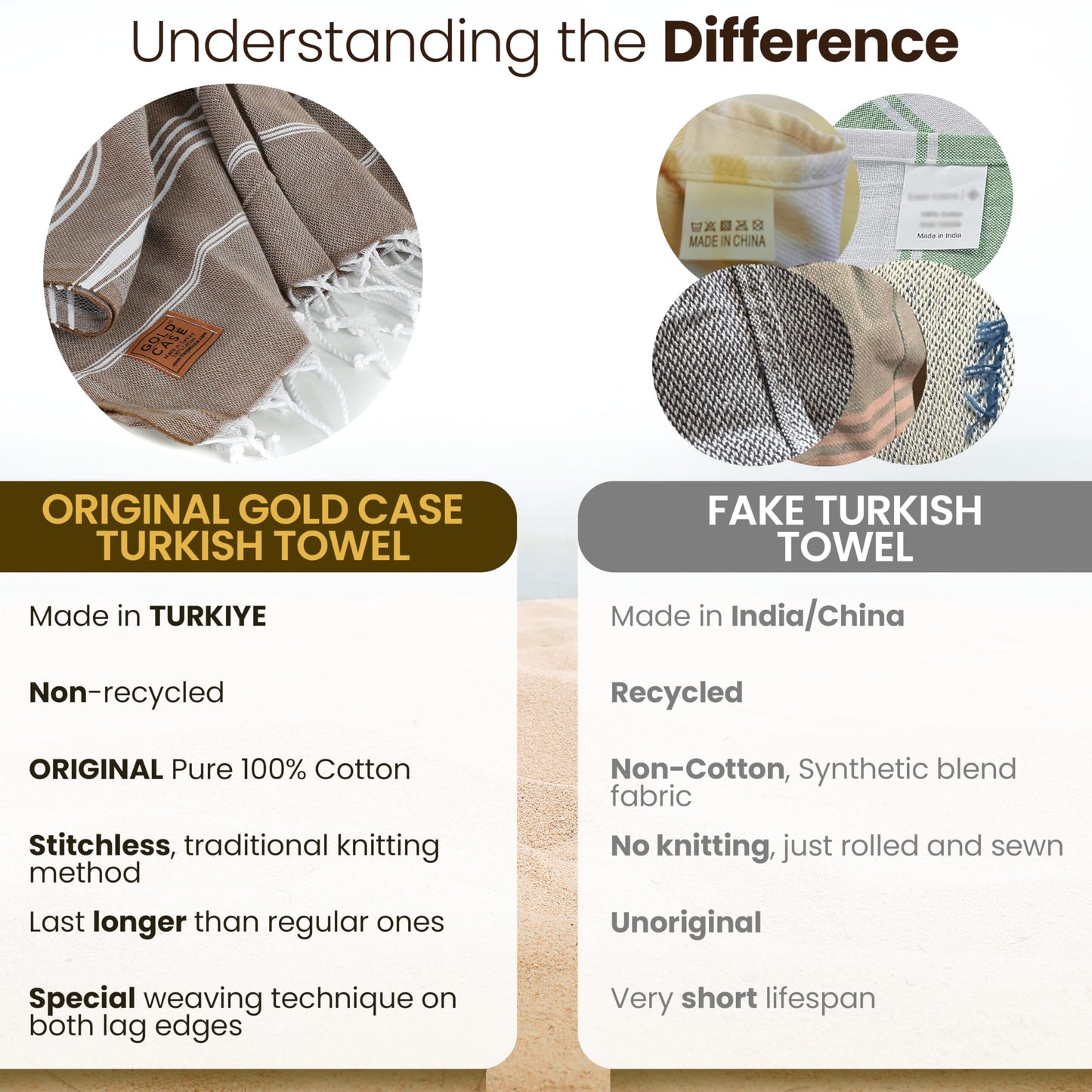 Gold CASE Turkish Beach Towel - Set of 6-100% Cotton - 70x38 inches XXL Oversized - PRE-Washed - Quick Dry Sand Free Turkish Towel