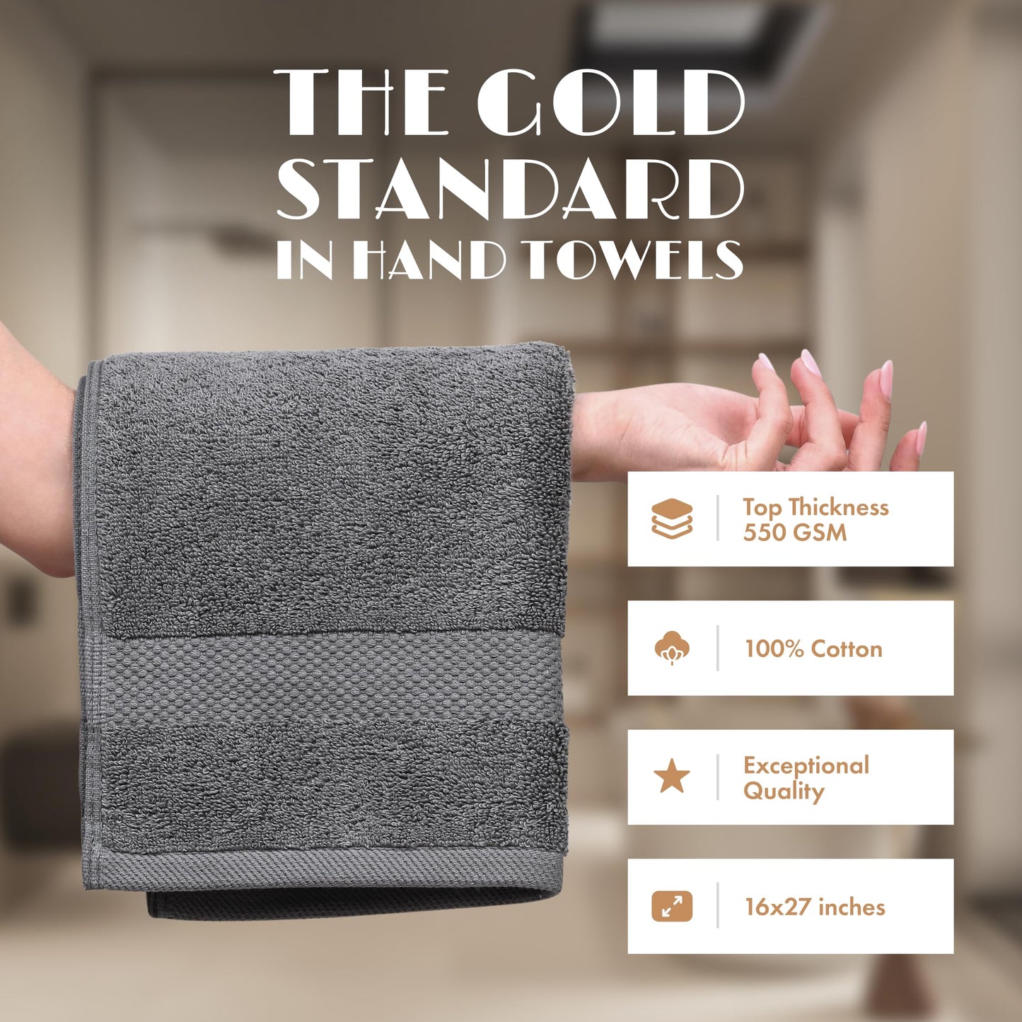 White Classic | 12 Pack 40x68 cm | Wealuxe Grey Hand Towels for Bathroom, Cotton Hand Towel Bulk for Home Kitchen or Gym and Spa