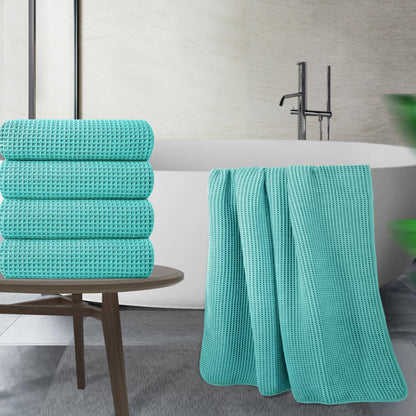POLYTE Microfibre Oversize Quick Dry Lint Free Bath Towel, 152 x 76 cm, 4 Pack (Aqua, Waffle Weave)