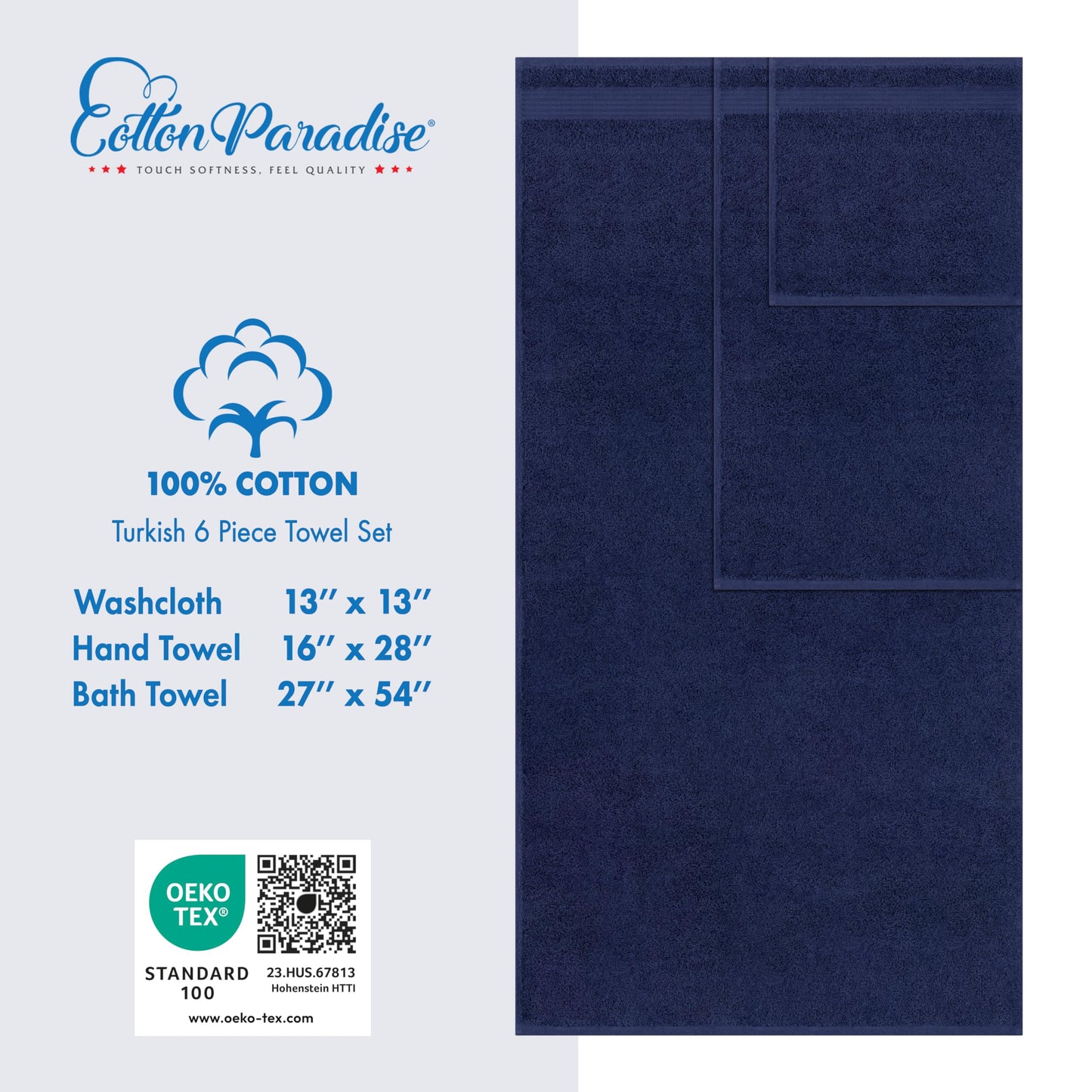 Cotton Paradise 6 Piece Towel Set, 100% Turkish Cotton Soft Absorbent Towels for Bathroom, 2 Bath Towels 2 Hand Towels 2 Washcloths, Navy Blue