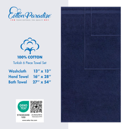 Cotton Paradise 6 Piece Towel Set, 100% Turkish Cotton Soft Absorbent Towels for Bathroom, 2 Bath Towels 2 Hand Towels 2 Washcloths, Navy Blue