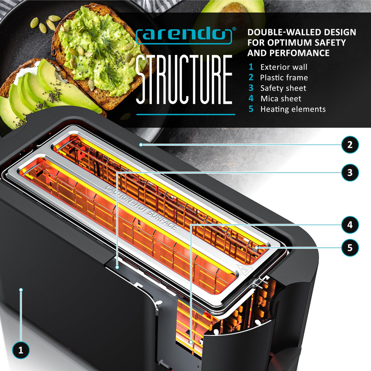 Arendo - 4 Slice Long Slot Toaster - Touch Panel - Remaining Time Display - Double Wall Housing  with Warming Rack  7 Browning Settings  Auto Bread