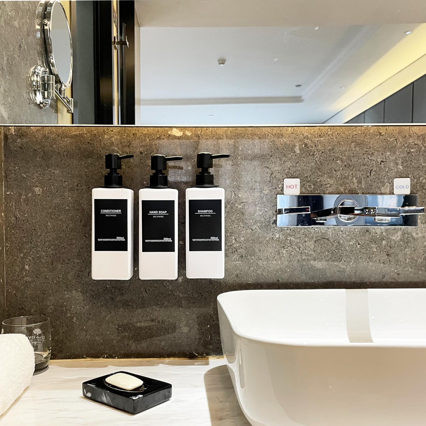 HCYWOC Shampoo and Conditioner Dispenser, No Drill, 16 Waterproof Labels