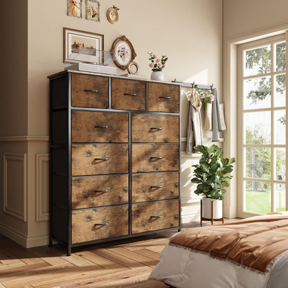 Flrrtenv Chest of Drawer with 11 Drawers, Modern Bedroom Cabinte, Fabric Drawers with Wooden Top, Sturdy Metal Frame