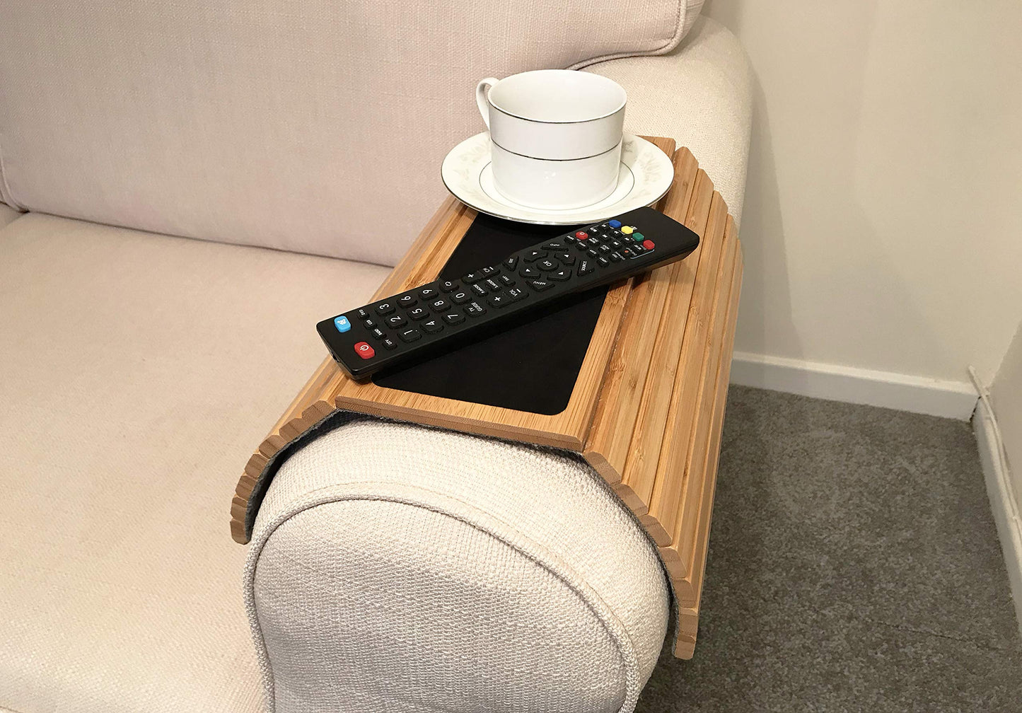 En Route Bamboo Arm Tray Table | Foldable Couch Armrest Tray with Non-Slip Mat for Drinks, Snacks, Phone & Remote | Flexible