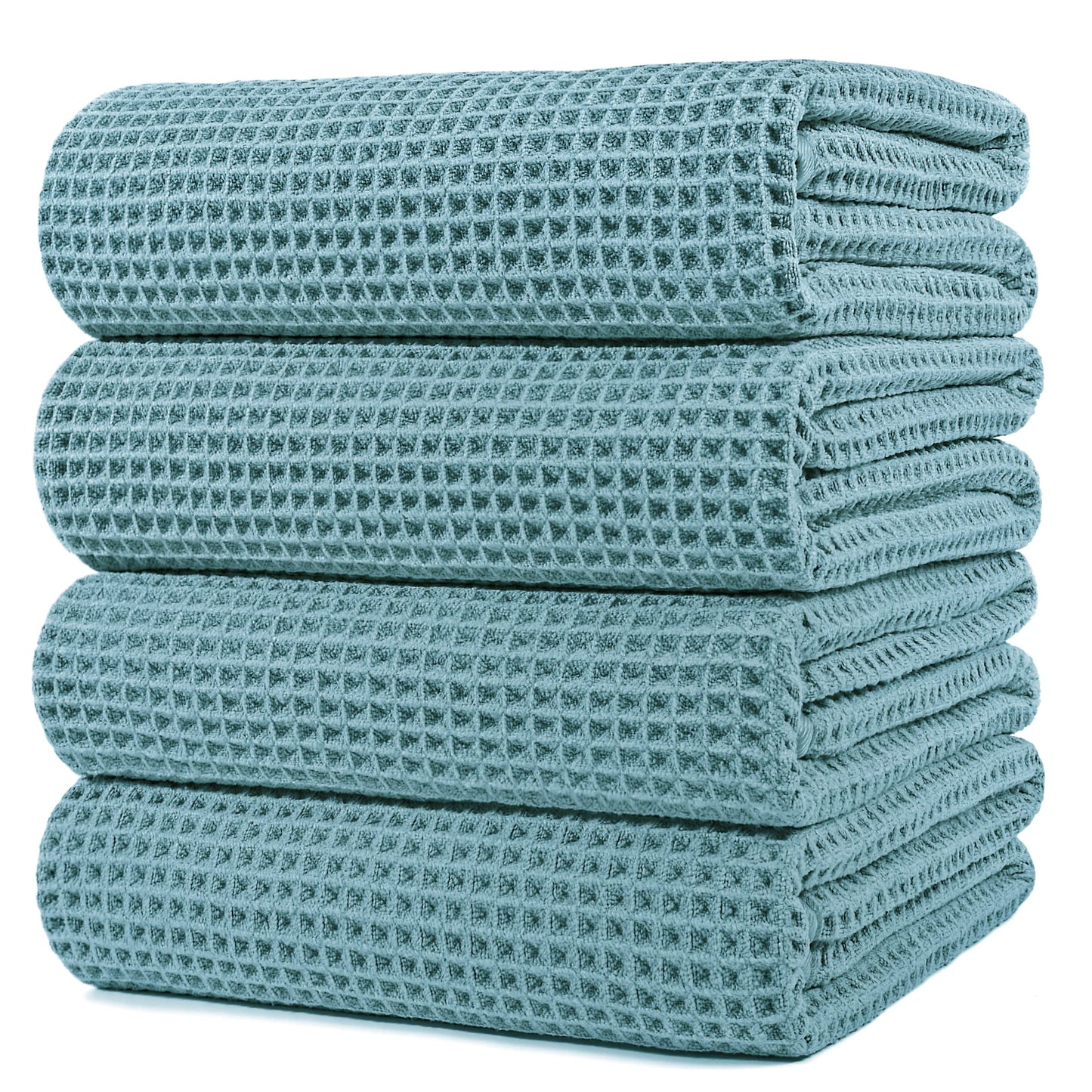 POLYTE Microfibre Oversize Quick Dry Lint Free Bath Towel, 152 x 76 cm, 4 Pack (Green, Waffle Weave)