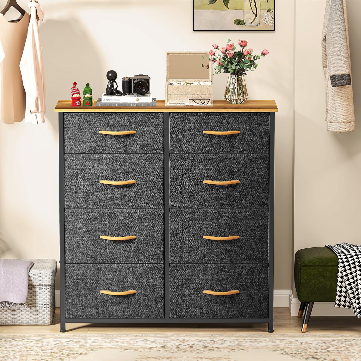 DWVO Chest of Drawers,Fabric Chest of Drawers Bedroom Cabinet with 8 Drawers,Dresser for Bedroom,Living Room With Handles,Wood Top and Sturdy Steel