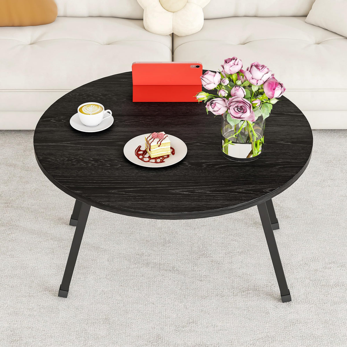 BOPRHOM Folding Coffee Table,Round Coffee Tables for Living Room/Bedroom,Space Saving Small Foldable Coffee Tables,Tea Table Side Table Center Table