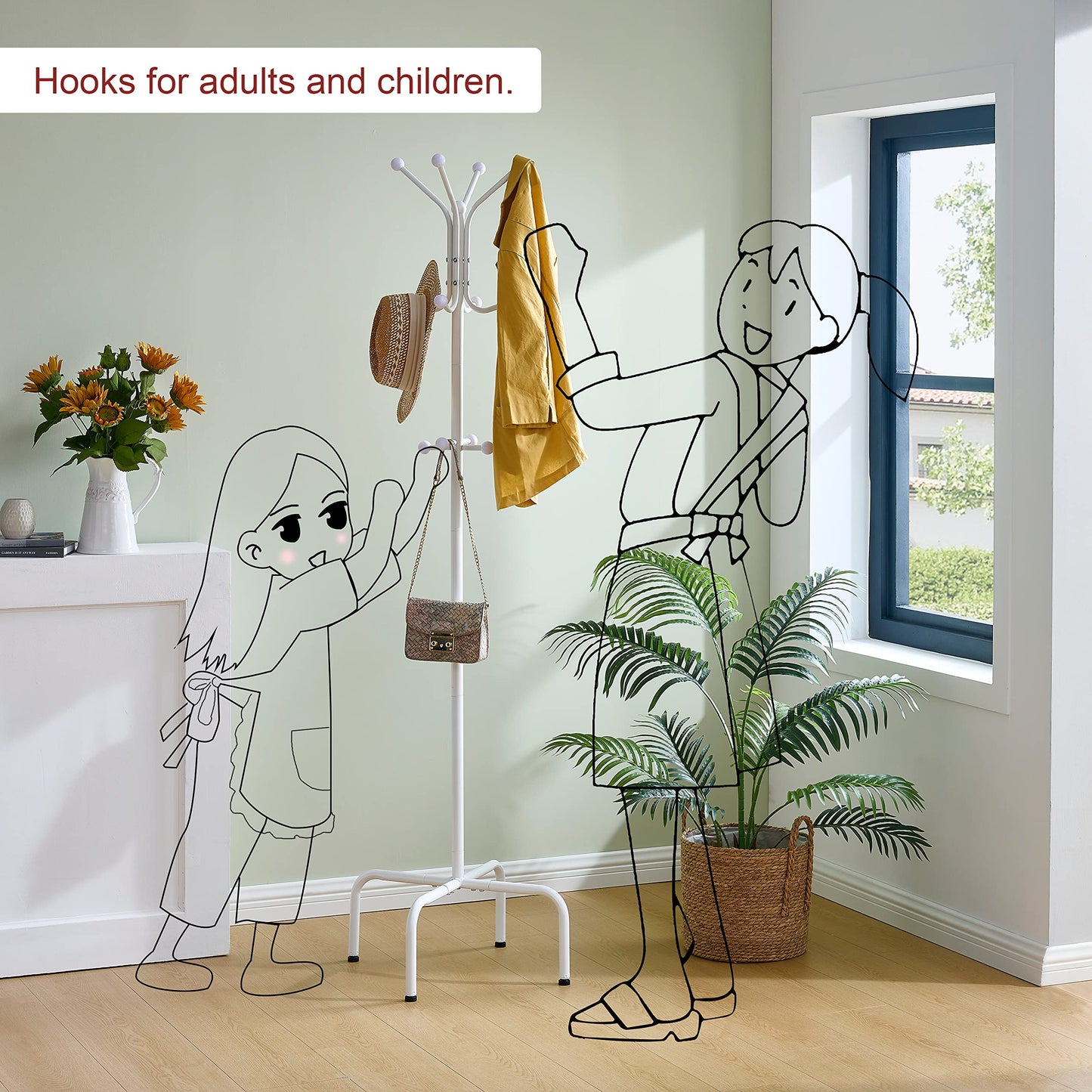 Hoctieon Entryway Coat Rack Freestanding With 12 Hooks, Metal Coat Tree Stand, Heavy Duty Floor Standing Hanger, White