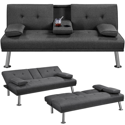 Yaheetech Dark Grey 3-in-1 Convertible Upholstered Cup Holder Sofa Bed