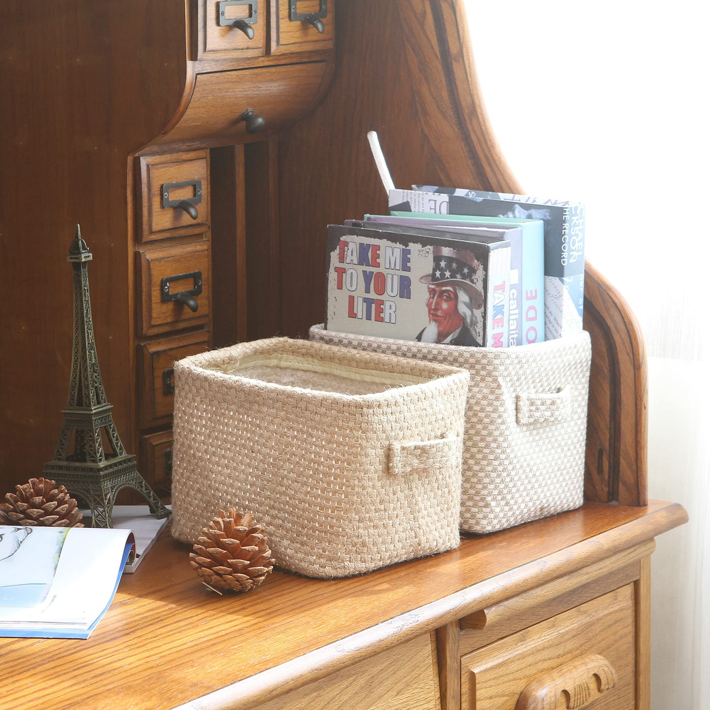 Sea Team 4.5L Jute Storage Baskets, 4pcs Square Boxes with Handles