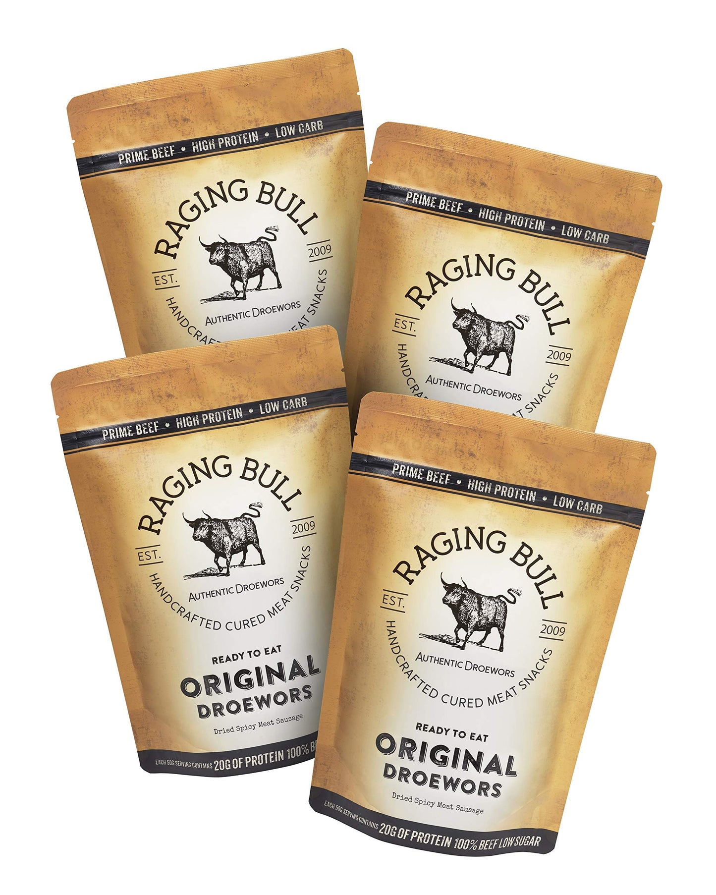Raging Bull 1kg Droewors Original - 4 x 250g Pack - Traditional South African Beef Drywors Sticks - High Protein Snacks - Grass Fed Beef Drowers - Low