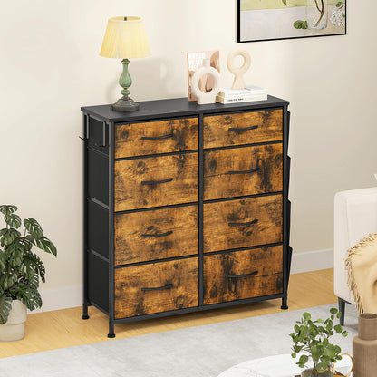 DWVO Chest of Drawers with 8 Drawers, Fabric Chest Drawers with Side Pocket&Hooks,Easy Pull Handle,Sturdy Steel Frame for Bedroom,Living Room,Rustic