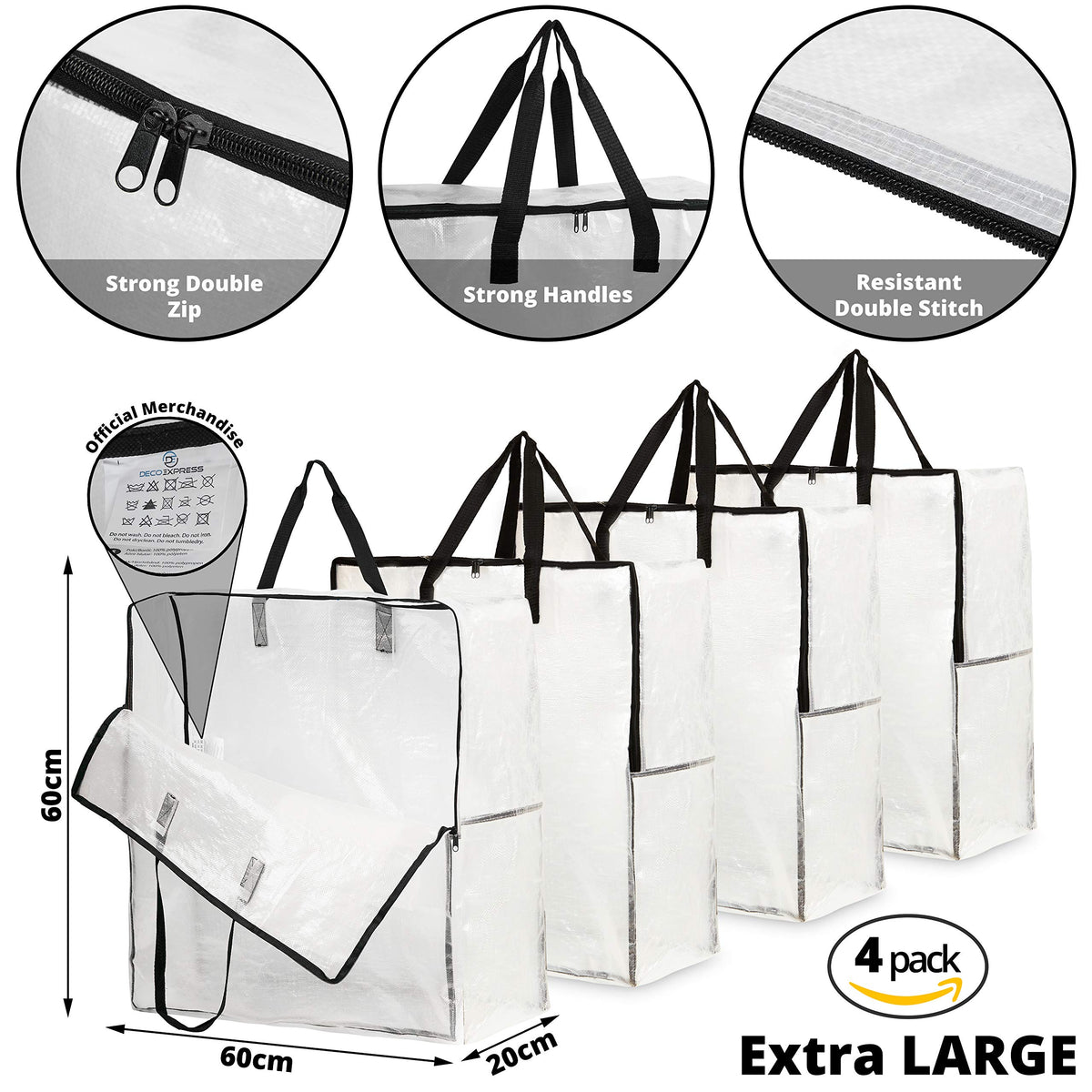 DECO EXPRESS Laundry Bags XL, Pack of 4 Heavy Duty Jumbo Garage, Attic or Underbed Storage Solutions for Clothes, Bedding, Duvet