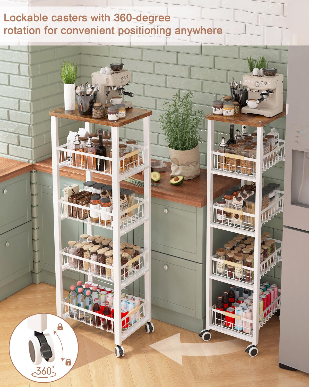 Ornestia 5-tier Vegetable Rack with Wooden Top for Kitchen Storage（White