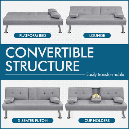 Yaheetech Light Grey 3-in-1 Convertible Upholstered Cup Holder Sofa Bed