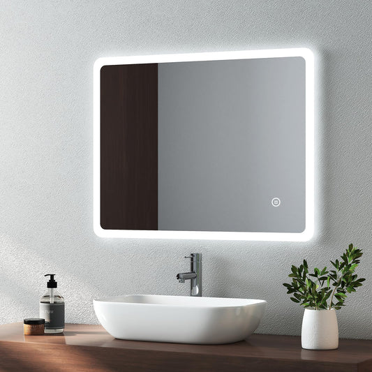 EMKE 450 X 600 mm Backlit Illuminated Bathroom Mirror, Wall Mounted Multifunction Bathroom Vanity Mirror with LED Lights and Demister Pad,