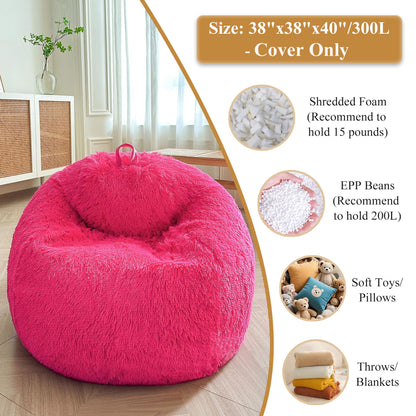 XeGe Faux Fur Stuffed Animal Storage Bean Bag Cover(No Filler), Hot Pink
