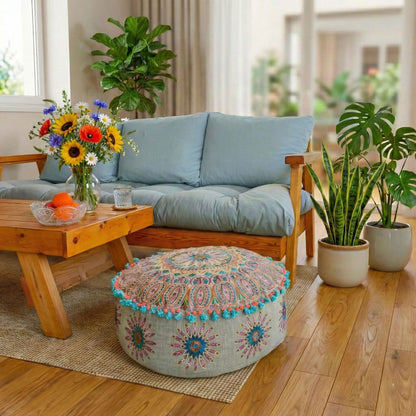 Mandala Life ART Yellow Round Velvet Pouf Cover - Digital Printed Ottoman Slipcover with Moroccan Design, 24 Inch Diameter, Ideal for Living Room