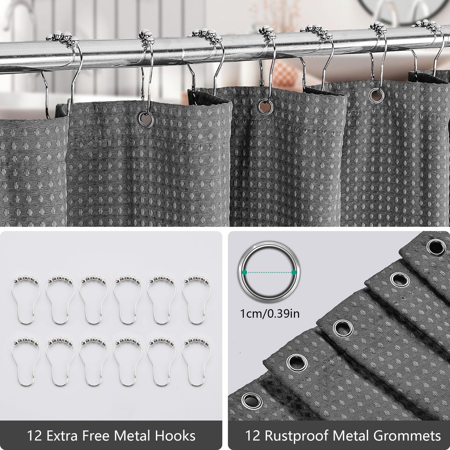 FIISAYL Shower Curtain for Bathroom, Weighted Hem, Waterproof and Anti Mould Resistant Waffle Fabric Curtains with 12 Hooks, Machine Washable