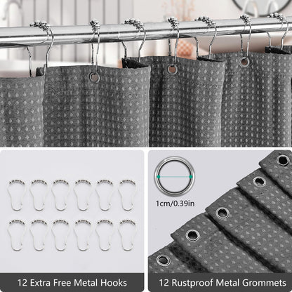 FIISAYL Shower Curtain for Bathroom, Weighted Hem, Waterproof and Anti Mould Resistant Waffle Fabric Curtains with 12 Hooks, Machine Washable