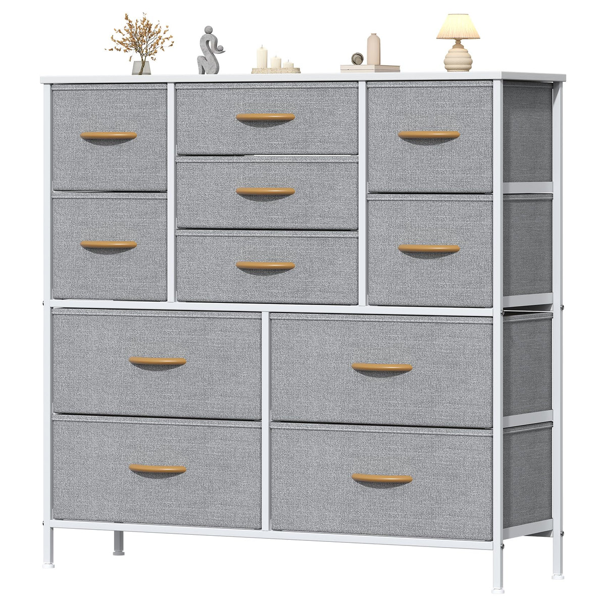 Feonase Chest of Drawers, Bedroom Tall Dresser with 11 Fabric Drawers, Metal Frame & MDF Wood Top, Adjustable Feet