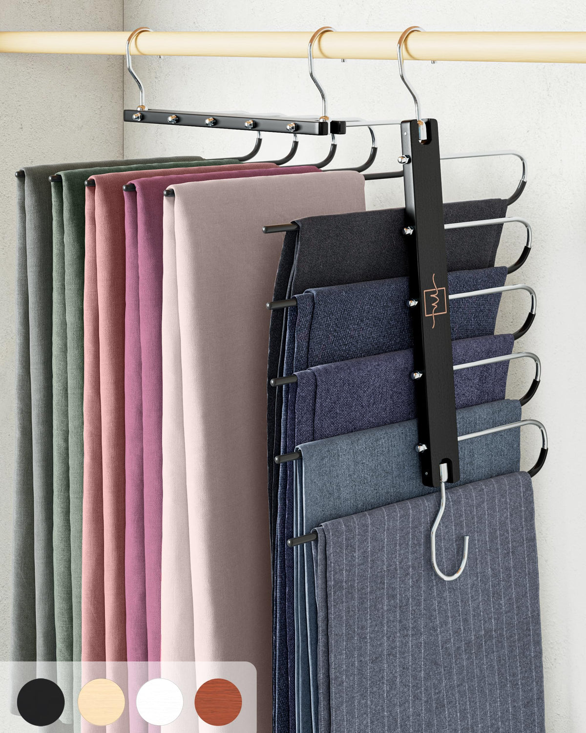 MORALVE Trousers Hangers Space Saving - European Beechwood Scarf and Jeans Hangers - Wardrobe Organiser and Space Saver Trouser Rack, Leggings Hanger
