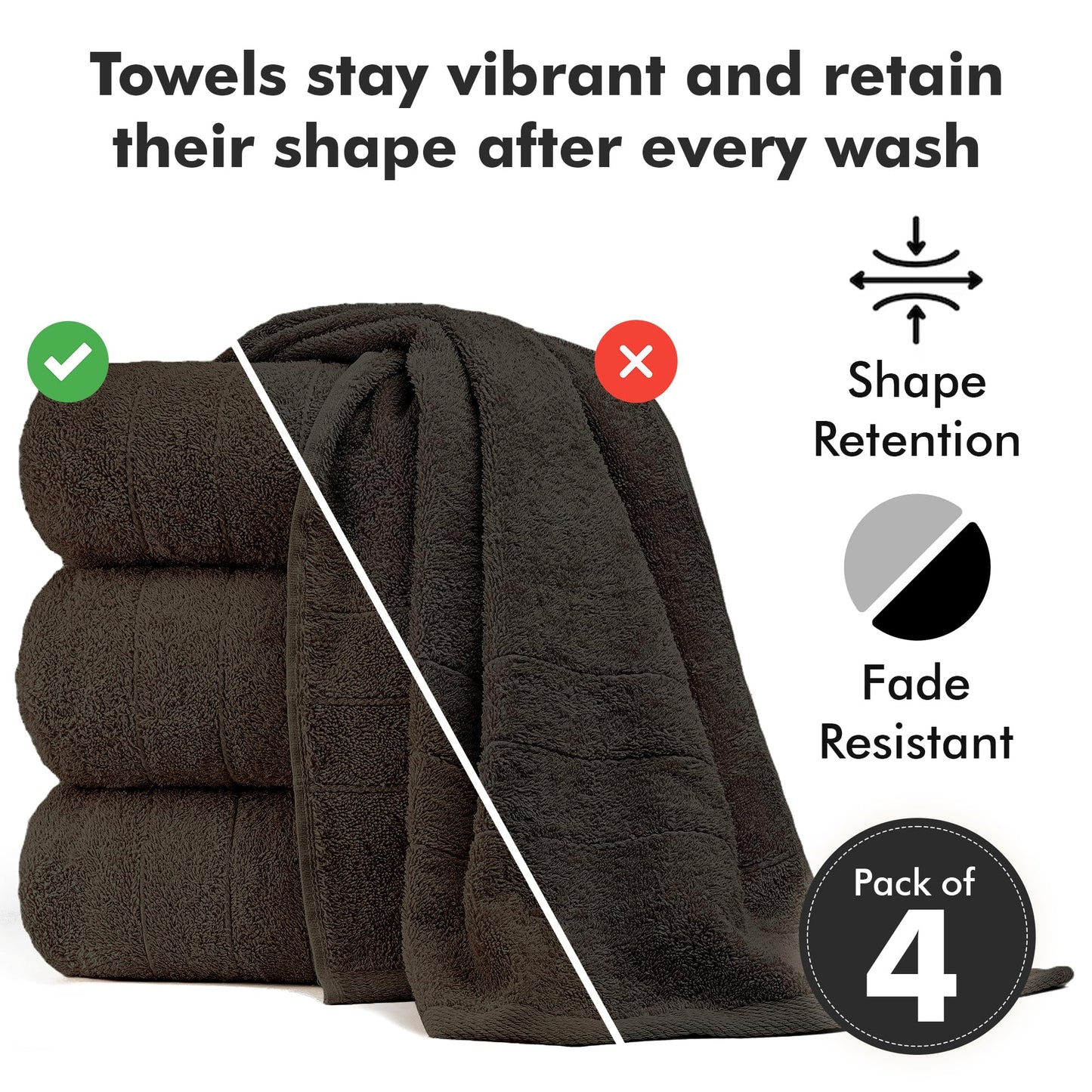 Novo Home Bath Towels Set of 4 – 550 GSM 100% Cotton Dark Brown Extra Large Towels for Bathroom, Spa Use (70x140 cm)