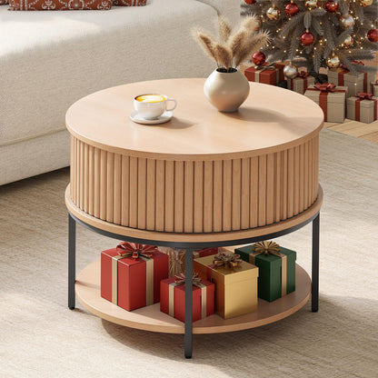 YITAHOME Round Coffee Table, Coffee Table with 2-Tier Storage Space, Fluted Coffee Tables with Tambour-Design Sliding Doors for Living Room
