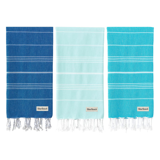 Blue Beach 3 Set Turkish Beach Towels-100x180cm Large Turkish Hammam Peshtemal Towel - Super Absorbent, Quick Dry, Lightweight, Compact for Swimming,